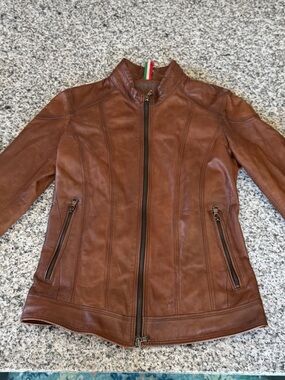 Italian Leather Moto Jacket Brown Fitted Zip Lightweight Made in Italy